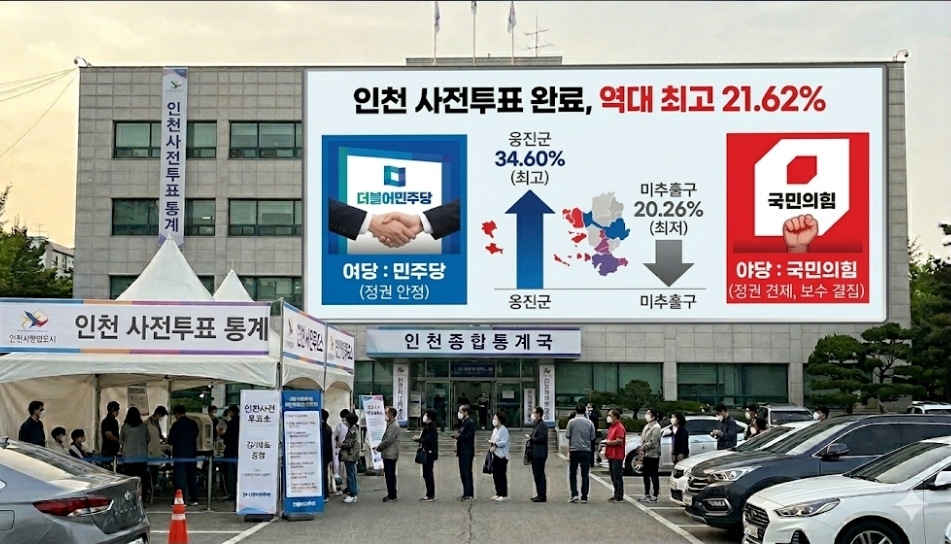 인천 사전투표율 21.62% ‘역대 최고’…옹진군 34.6% 최고 vs 미추홀구 20.26% 최저