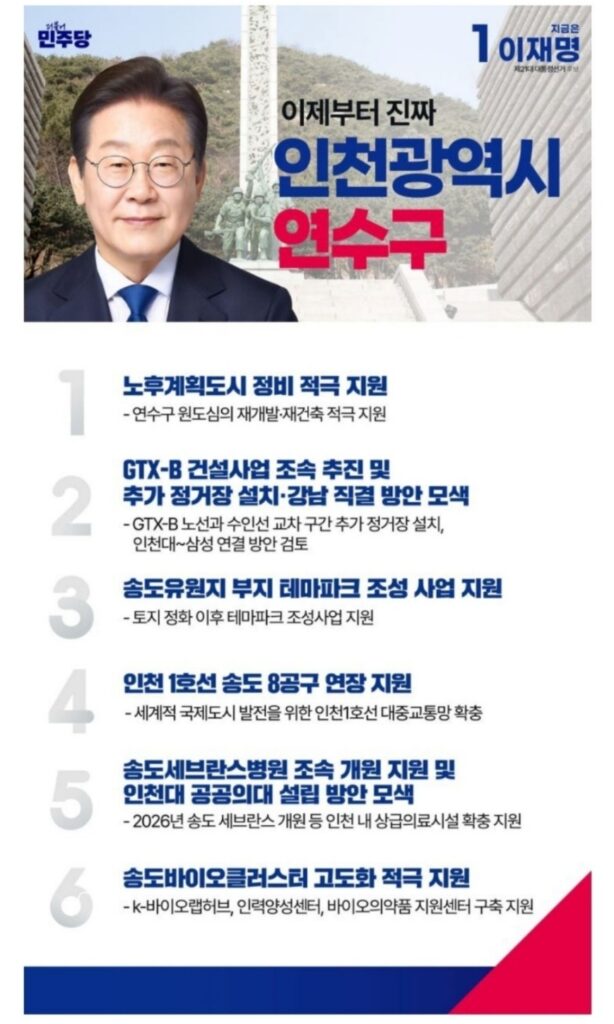 “공약은 표가 아니라 책임이다”…송도8공구 인천1호선 연장, 대통령·시장·국회의원이 답해야 한다.